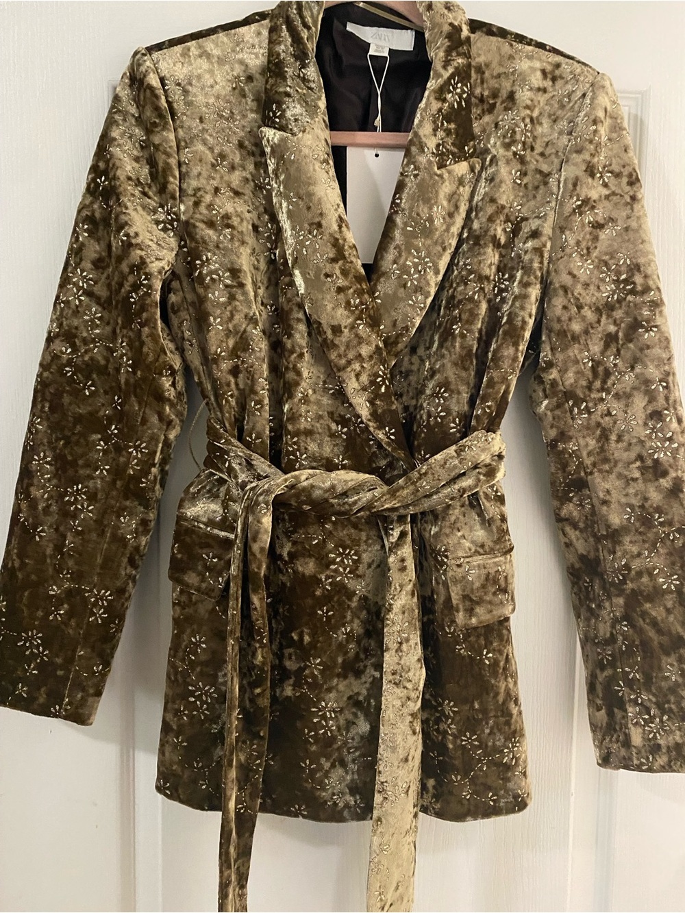 Zara Metallic Thread Crushed Velvet Tie-Waist Old Money Blazer Jacket Gold L - Picture 5 of 16